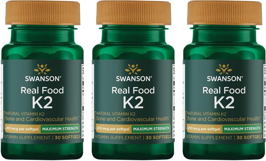 Swanson Maximum Strength Vitamin K2 (Menaquinone-7)-Vitamin Supplement Supporting Cardiovascular and Bone Health-Made from Japanese Natto to Help Regulate Calcium (30 Softgels, 200mcg Each) (3 Pack) 2