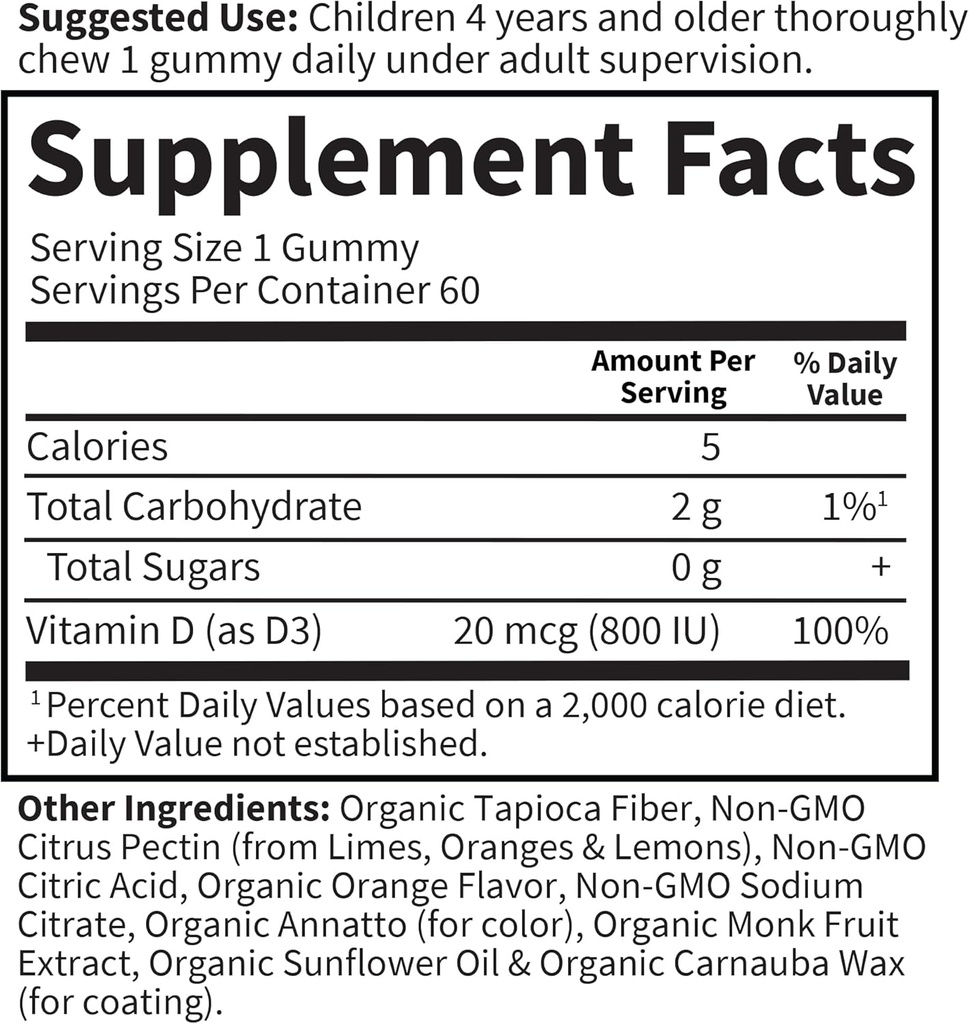 Garden of Life Kids Organic Vitamin D3 Gummies with 800 IU (100% Daily Value) for Strong Bones, Teeth, Brain & Immunity – Non-GMO, No Gluten, Vegetarian, Sugar Free, Orange Flavor, 60 Servings 6