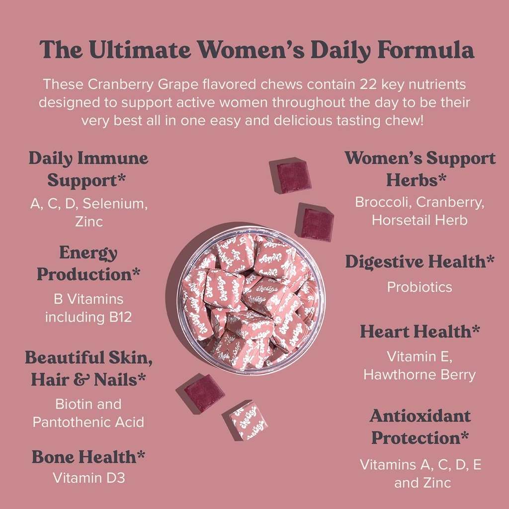 CHEWSY Women's Multivitamin - Immune & Energy Support - 23 Nutrients Including A, B12, C, Folic Acid, Probiotics, Biotin, Cranberry - 30-Day Supply 4