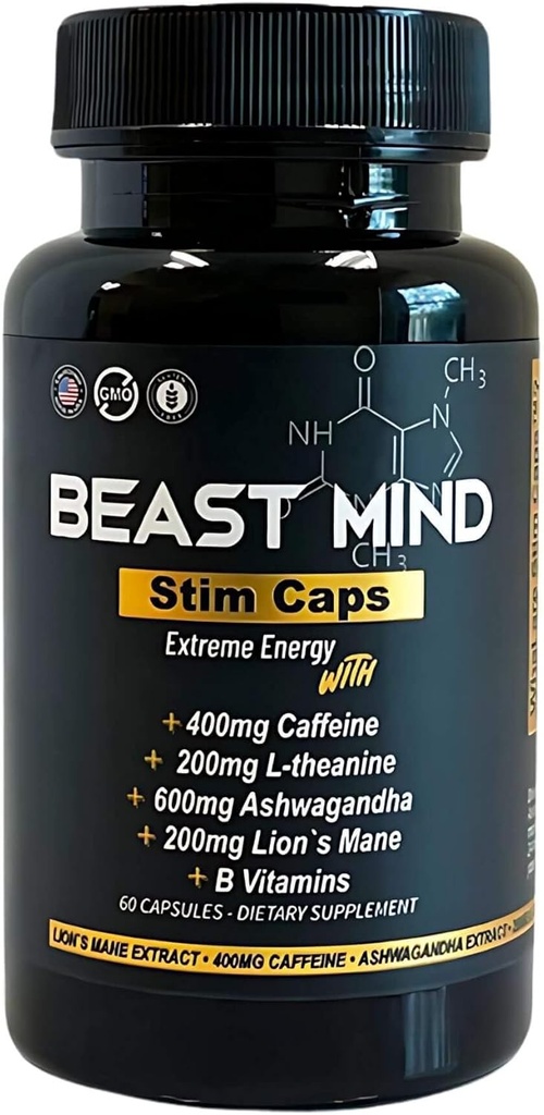 Extreme Energy Pills | 400mg Caffeine | 600mg Ashwagandha | 200mg Lions Mane | Increased Energy & Focus & Mood by Beast Mind 2