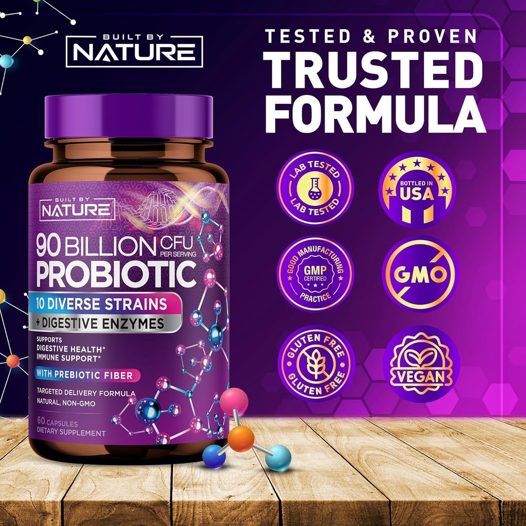 90 Billion CFU Probiotic - Daily Digestive Gut Health Supplement for Men & Women - Lactobacillus acidophilus, Bifidobacterium & Prebiotics - Non-GMO, Gluten & Dairy Free, Shelf-Stable - 60 Capsules 5
