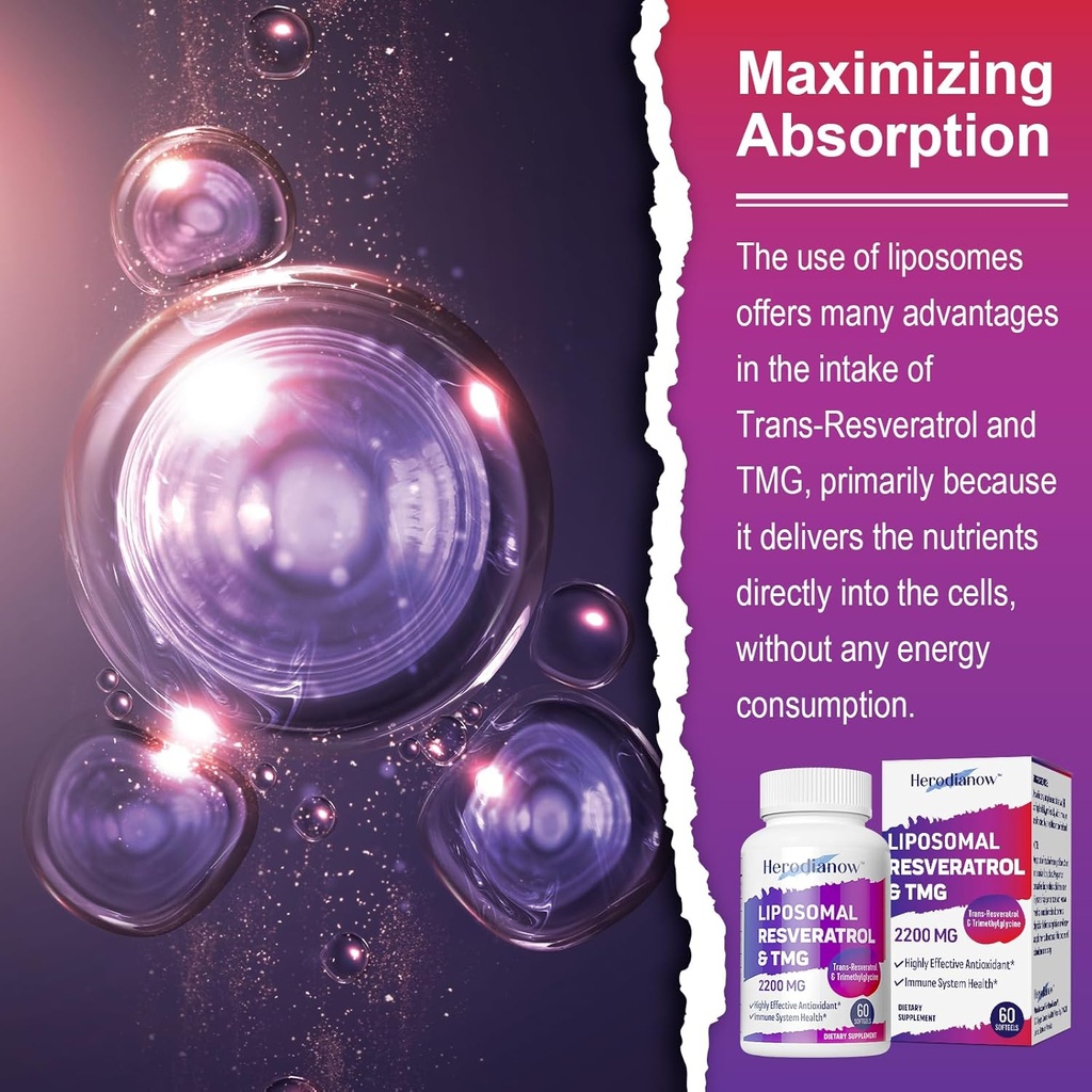 Liposomal Resveratrol with TMG Supplement 2200 MG, 99% Purity Trans-Resveratrol & Trimethylglycine- Antioxidant, for Immune System, Skin & Overall Health, 60 Softgels(Pack of 1) 4