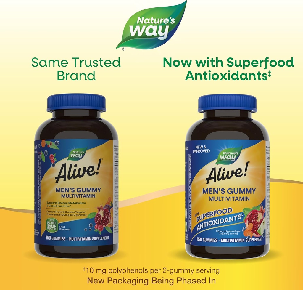 Nature's Way Alive! Men's Multivitamin Gummies, Supports Energy Metabolism*, Muscle Function*, Superfood Antioxidants(1), B-Vitamins, Vegetarian, Fruit Flavored, 150 Gummies (Packaging May Vary) 3
