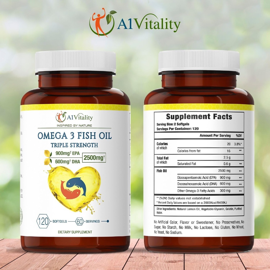 Omega 3 Triple Strength EPA DHA Supplement - 2500mg Lemon Flavored Burpless Fish Oil - High Potency 900mg EPA 600mg DHA Supports Circulation, Brain, Heart, Eye, Skin, Bone & Joints - 120 Softgels 3