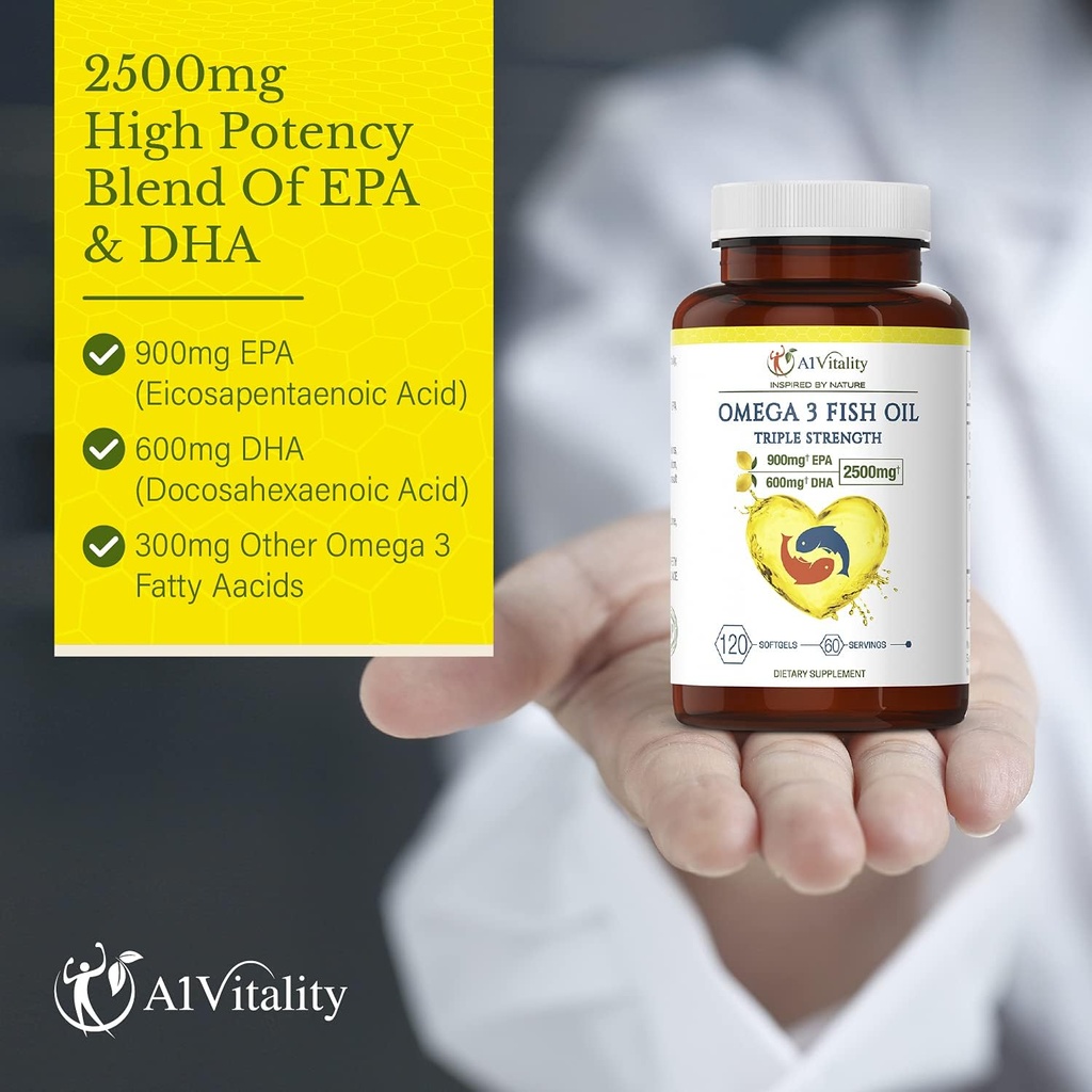 Omega 3 Triple Strength EPA DHA Supplement - 2500mg Lemon Flavored Burpless Fish Oil - High Potency 900mg EPA 600mg DHA Supports Circulation, Brain, Heart, Eye, Skin, Bone & Joints - 120 Softgels 4