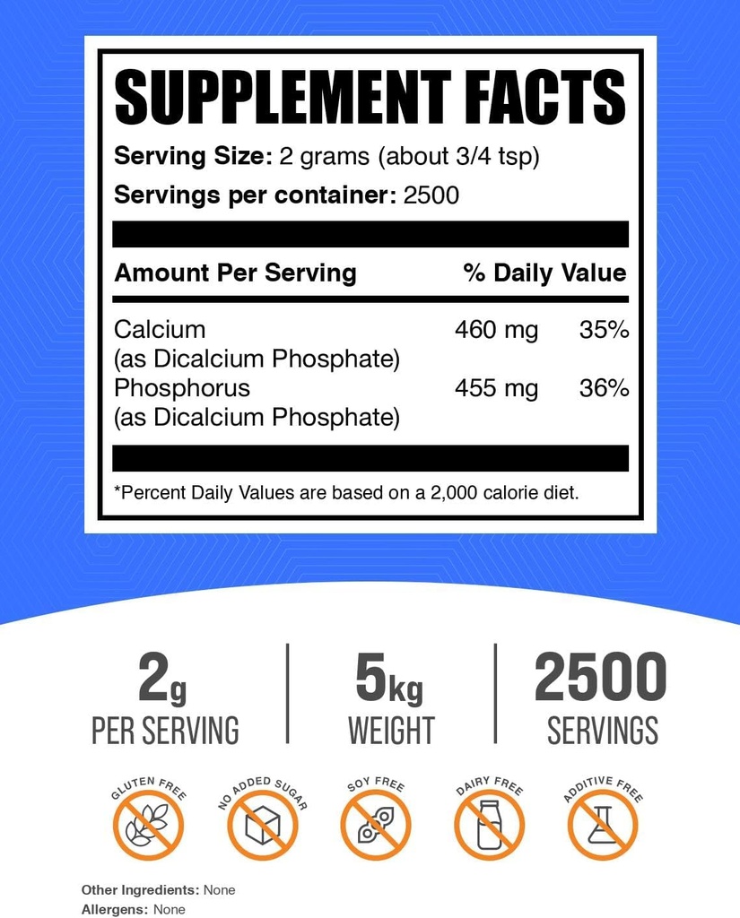 BulkSupplements.com Dicalcium Phosphate Powder - Calcium Supplement, Dicalcium Phosphate as Leavening Agent - Unflavored & Gluten Free, 2000mg per Serving, 5kg (11 lbs) (Pack of 5) 3