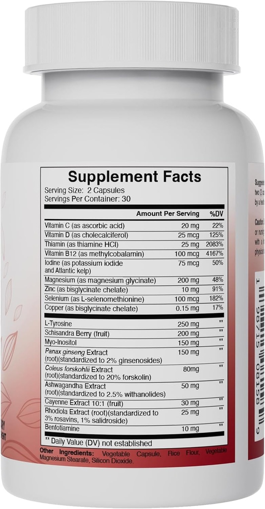 Thyroid Support Supplement- Metabolic Function, Energy & Focus, Mood Enhancer - Iodine from Kelp, Ashwagandha, Vitamin B12, Inositol, Ginseng, Magnesium - 60 Capsules for Men & Women 3