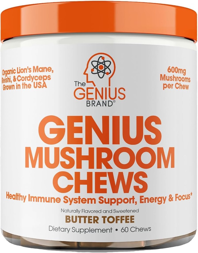 The Genius Brand Genius Mushroom - Plant-Based Supplement for Immune, Focus & Energy Support - Lion's Mane, Cordyceps & Reishi - Organic & Non-GMO - Butter Toffee - 60 Soft Chews 2