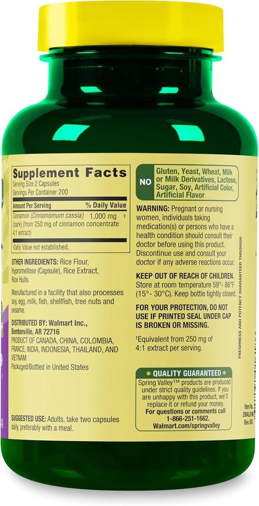 Spring Valley Cinnamon Dietary Supplement, 1000 mg, 400 Count - Cinnamon Supplements, Cinnamon Capsules, Cinnamon 3