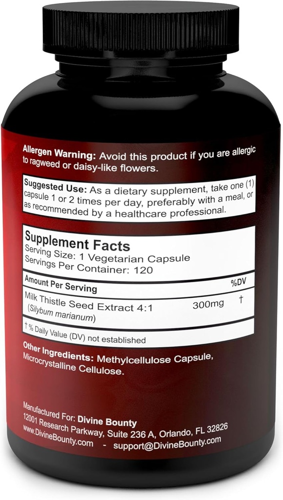 Divine Bounty Pure Milk Thistle Capsules Supplement - A Potent 1200mg Milk Thistle Supplement with 4X Concentrated Extract (Standardized) 120 Vegetarian Capsules 3