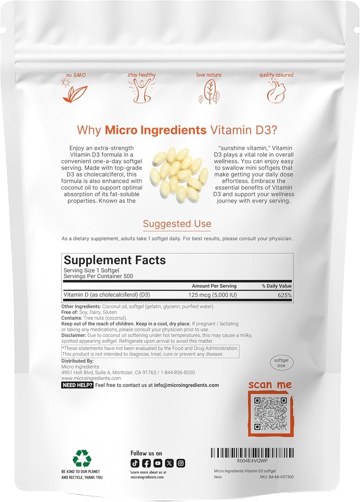 Micro Ingredients Vitamin D3 5,000 IU, 500 Softgels | Virgin Coconut Oil | Cholecalciferol Form | Bone, Immune & Heart Support | Easy to Swallow, Non-GMO 3