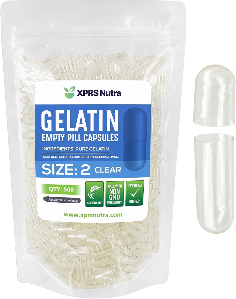 XPRS Nutra Size 2 Empty Capsules - 500 Count Clear Empty Gelatin Capsules - Pills DIY Capsule Filling - Pure Bovine Pill Gel Caps for Do-It-Yourself Supplements 2