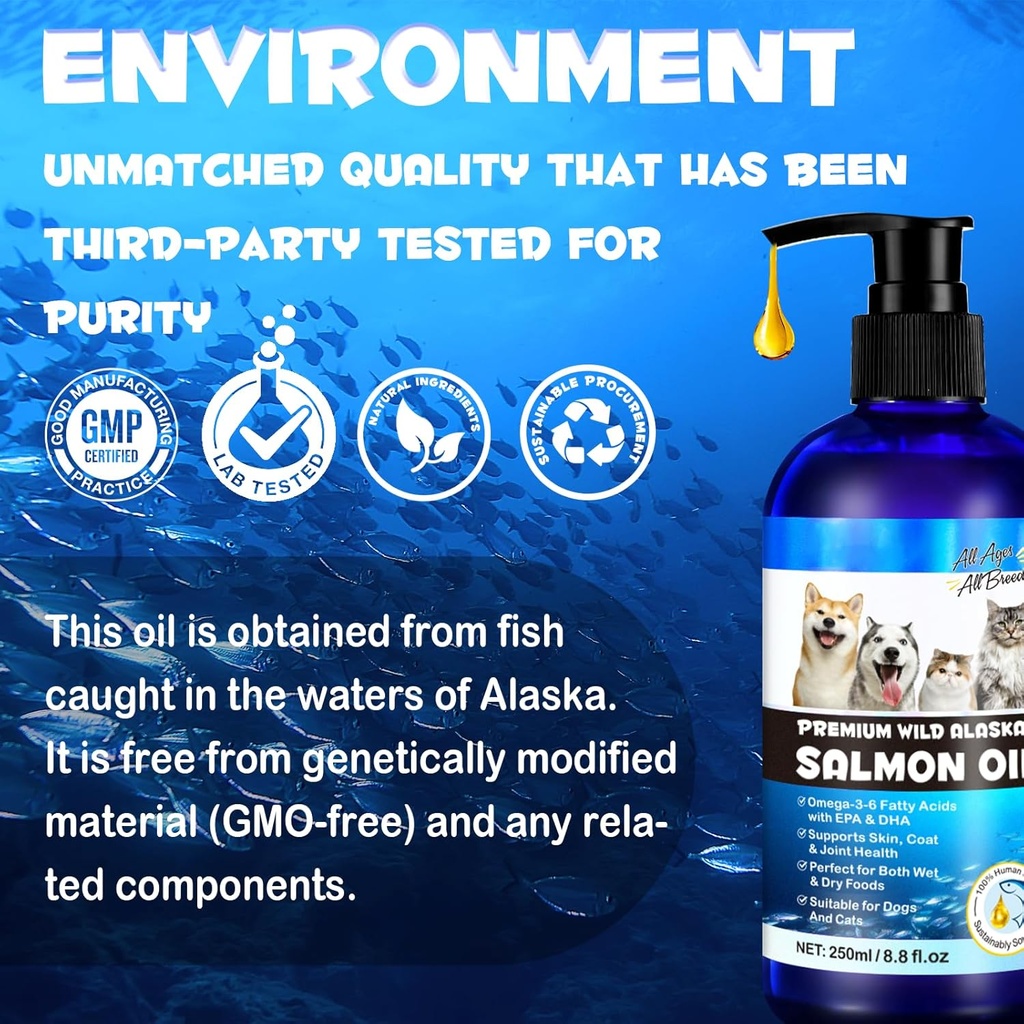 Alaskan Salmon Oil for Dogs & Cats (8.8 oz) - Pure Omega 3 Fish Oil with Omega 6 Fatty Acids, EPA & DHA - Anti-inflammation for Dogs Skin and Coat - Natural Pet Joint, Immune, Brian & Heart Supplement 3