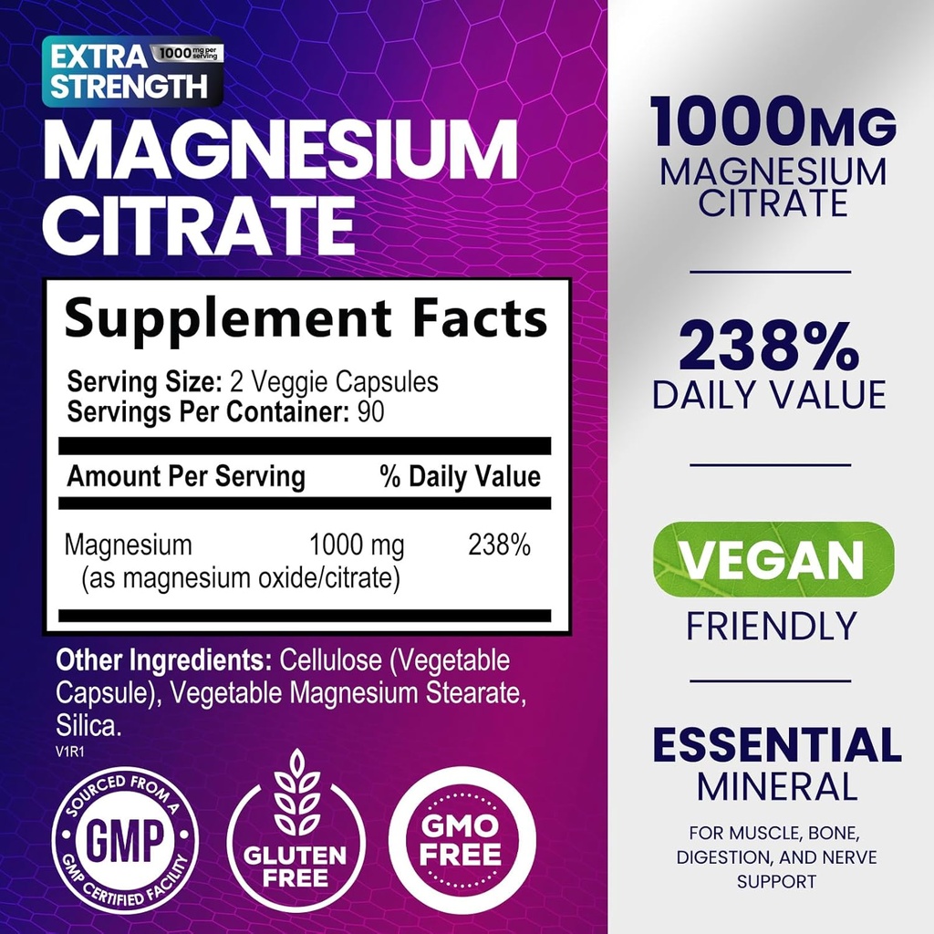 Magnesium Citrate Supplement Pills 1000mg - 3X Strength Magnesium Supplements for Bone, Muscle, Heart, Nature's Sleep Support for Men & Women, Vegan Mag Mineral, Non-GMO, Bottled in USA, 180 Capsules 3