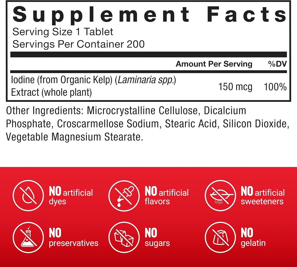 FORCE FACTOR Kelp for Iodine from Organic Kelp to Support Thyroid Health, Strengthen Immunity, and Digestion, Vegan, No Gelatin, Non-GMO 150mcg, 200 Tablets 6
