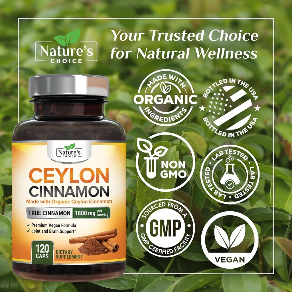 Ceylon Cinnamon Capsules 1800mg - Certified Organic Cinnamon, Bottled in USA, & Pure Extra Strength Ceylon Cinnamon Supplement, Antioxidant Pills, Non-GMO & Gluten Free, Sugar Free - 120 Capsules 5