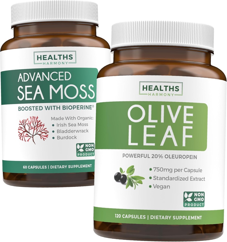 Sea Moss & Olive Leaf Extract (1-Month Supply) Olive Moss Blend - Organic Irish Sea Moss - Raw Vegan Supplement (60 Caps) & Olive Leaf Extract Super Strength: 20% Oleuropein - Vegetarian (120 Caps) 2