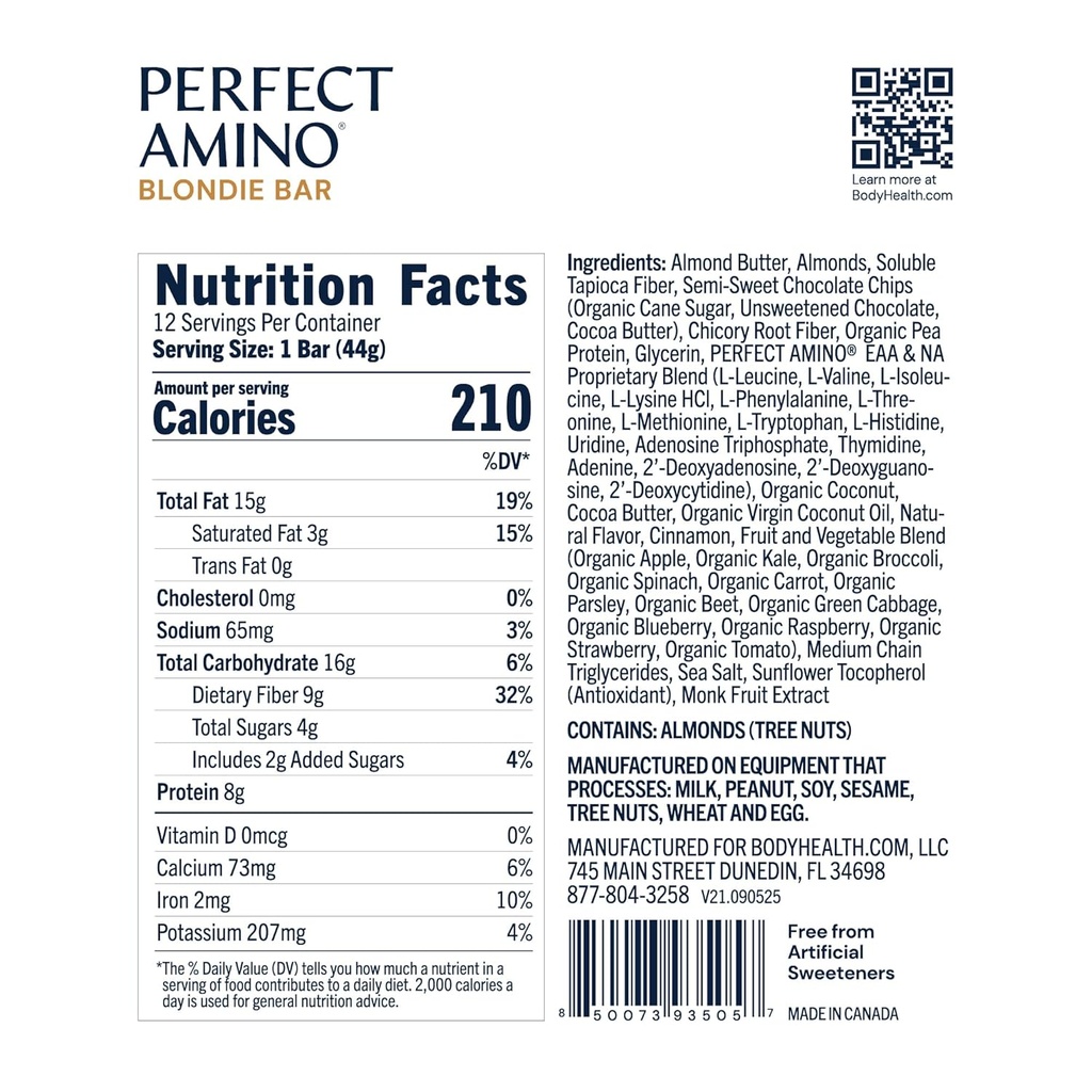BodyHealth PerfectAmino Bar Protein Energy Snack with 10g of Protein, Plant Based MCT's, Superfood Blend, Kosher, (Blondie, 12 Pack) 6