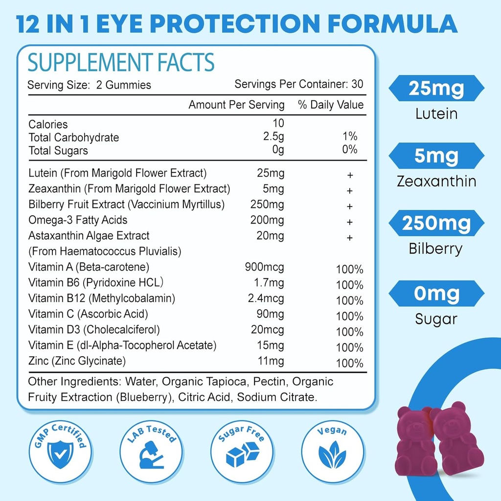 2 Pack Lutein Gummies, 12 in 1 Lutein and Zeaxanthin Supplements Eye Vitamins Gummies for Adults, Eye Health Supplement with Multiple Vitamin for Promoting Eye & Vision - 120 Gummies 3