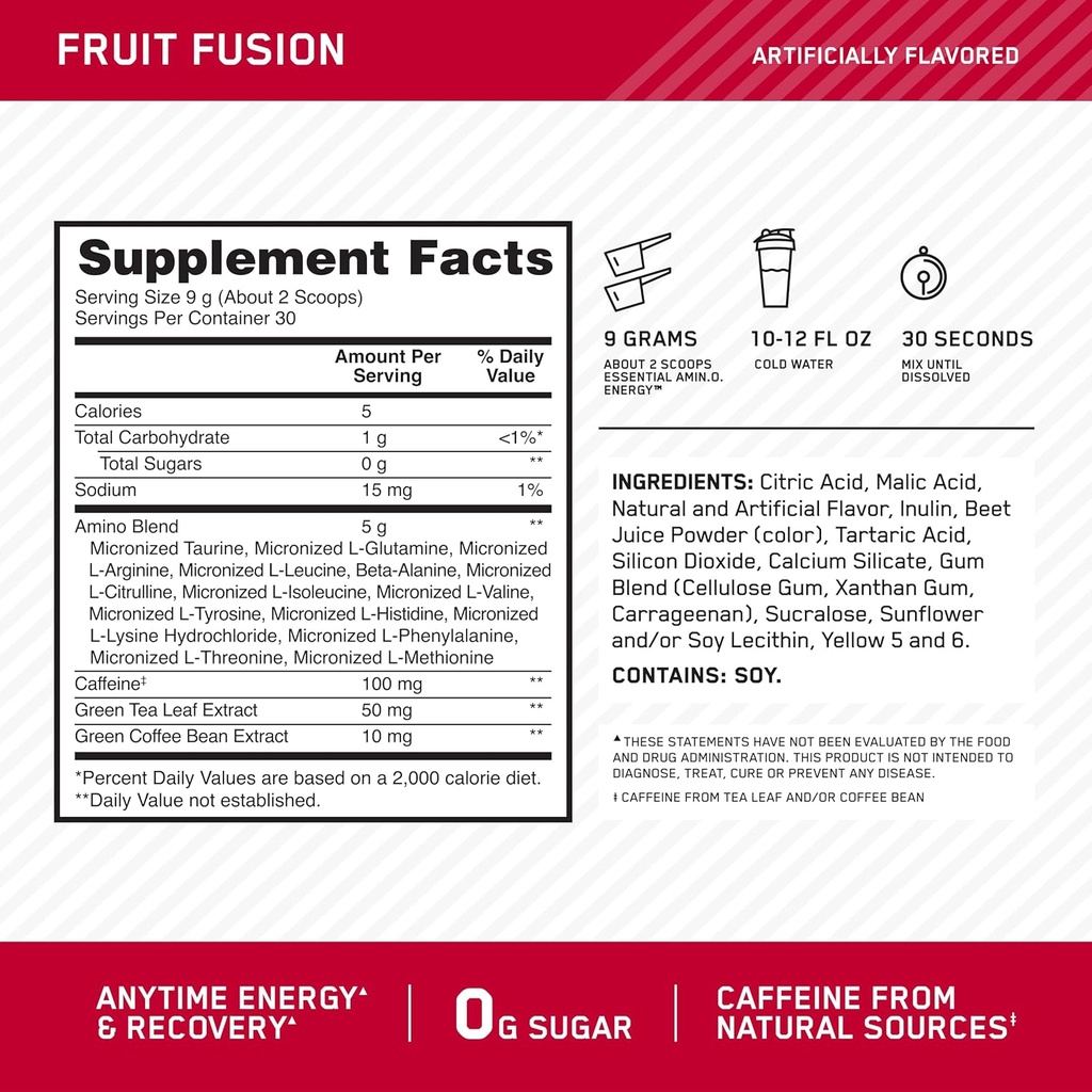 Optimum Nutrition Amino Energy - Pre Workout with Green Tea, BCAA, Amino Acids, Keto Friendly, Green Coffee Extract, Energy Powder - Fruit Fusion, 30 Servings (Packaging May Vary) 4