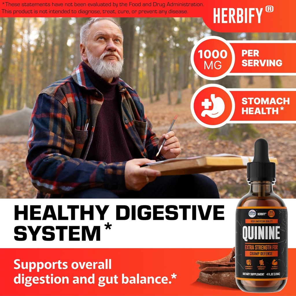 HERBIFY Quinine Tincture - Quinine Liquid Extract for Healthy Digestion - Quinine Cinchona Supplement for Better Absorption - US Made Product - for Men & Women 4oz (120ml) 4
