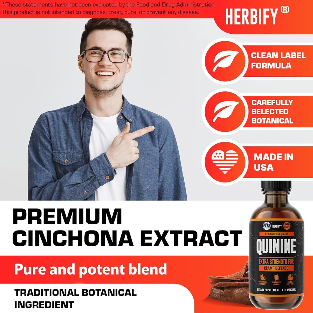 HERBIFY Quinine Tincture - Quinine Liquid Extract for Healthy Digestion - Quinine Cinchona Supplement for Better Absorption - US Made Product - for Men & Women 4oz (120ml) 5