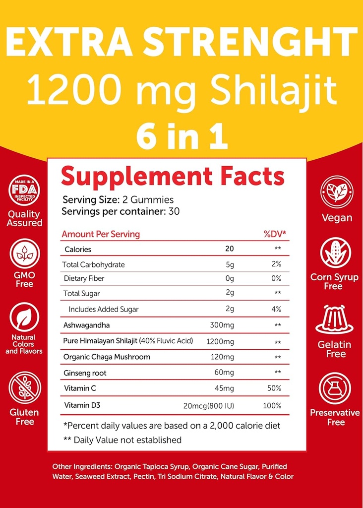 Lunakai USA Made Pure Shilajit Gummies 1200mg with Ashwagandha & Chaga - Himalayan Shilajit for Men & Women, Energy & Vitality Support, 60ct 6