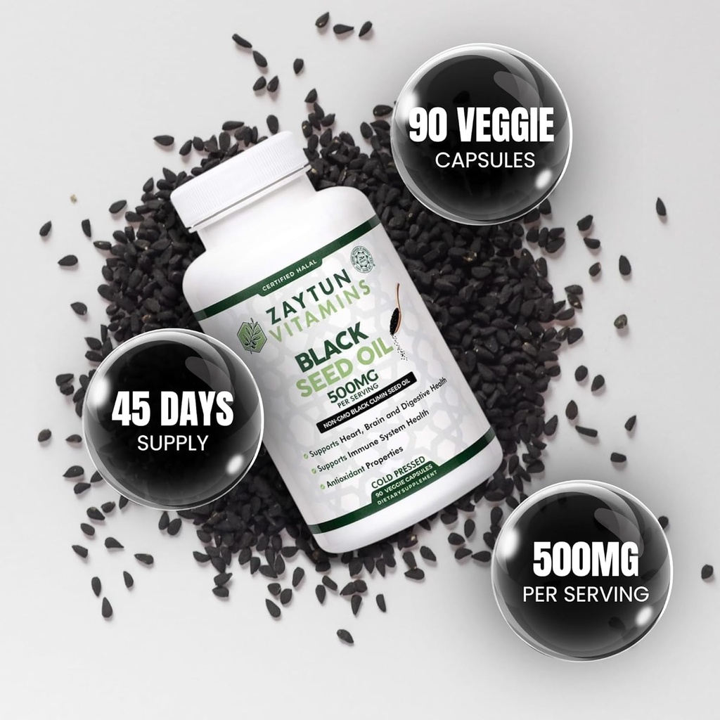 Halal Black Seed Oil, Supports Heart, Brain and Immune Health, Natural Anti-Oxidant, Non-GMO, Cold-Pressed, 90 Veggie Capsules, Made in USA - Halal Vitamins 5