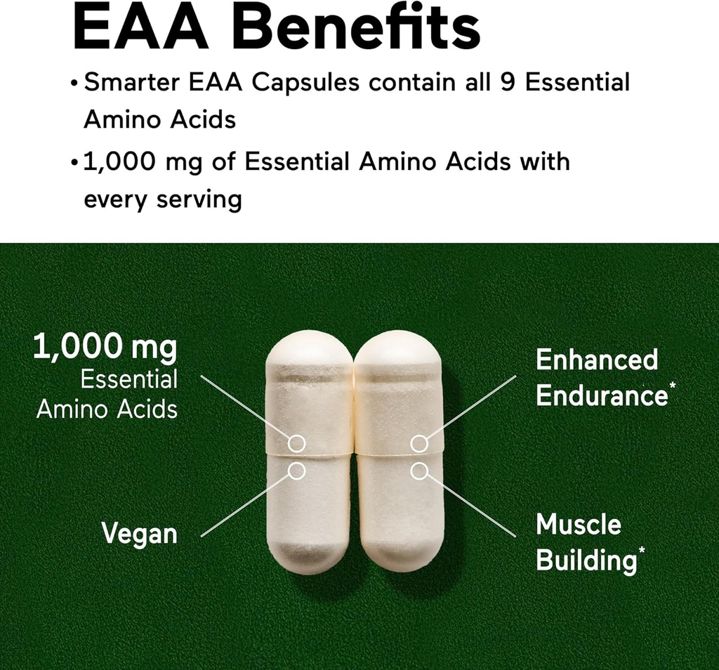 SMARTERNUTRITION Essential Amino Acids (EAA) Capsules - 1 Gram Per Serving of All 9 EAAs - Supports Muscle Mass & Exercise - Non-GMO, Vegan, Gluten Free - 60 Count[30-Day Supply] 4