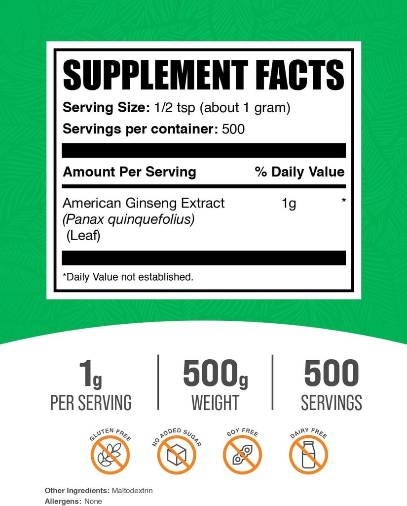 BulkSupplements.com American Ginseng Extract Powder - Ginseng Supplement, Herbal Supplements - Gluten Free, 1g per Serving, 500g (1.1 lbs) (Pack of 1) 3