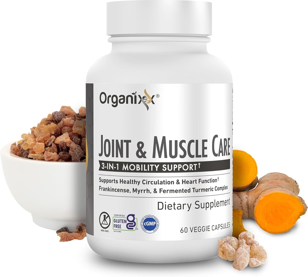 Organixx Joint & Muscle Care Organic Turmeric Supplement, 3-in-1 Frankincense, Turmeric and Myrrh Joint Health & Joint Support Supplement Body Care Capsules, Supports Swelling, Tension, 60 Capsules 3