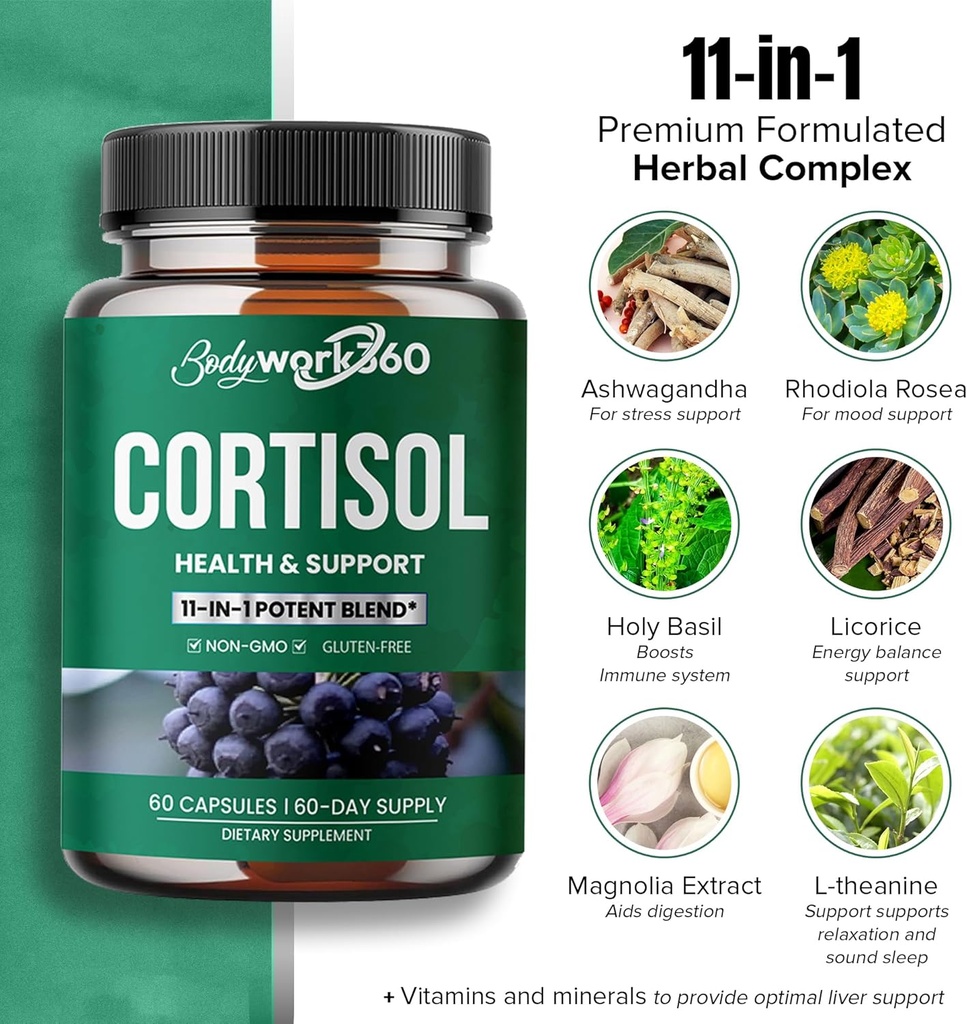 Cortisol Health & Support for Hormone Balance, Sound Sleep, Focus, Mood & Stress support - Contains Ashwagandha, L-theanine, Rhodiola Rosea Root Extract - Gluten free, Vegan, Non-GMO - 60 capsules. 4