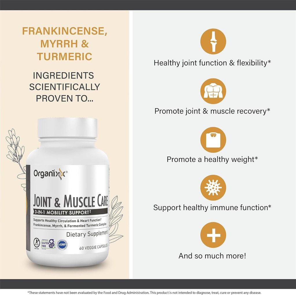 Organixx Joint & Muscle Care Organic Turmeric Supplement, 3-in-1 Frankincense, Turmeric and Myrrh Joint Health & Joint Support Supplement Body Care Capsules, Supports Swelling, Tension, 60 Capsules 5