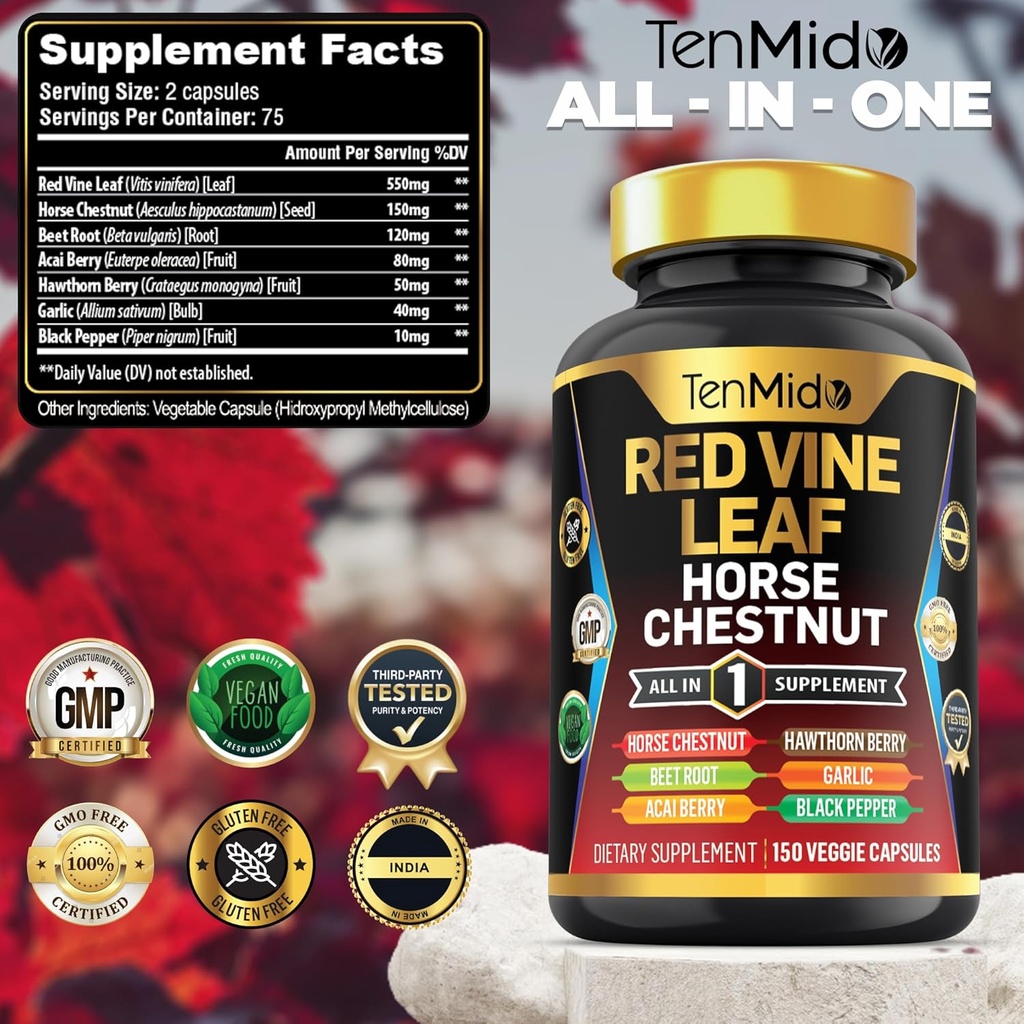 Red Vine Leaf Extract Supplement - 7in1 Formula - Combine with Horse Chestnut, Beet Root, Acai Berry, Hawthorn Berry, Garlic, and Black Pepper - 150 Capsules for 75 Days Supply 3