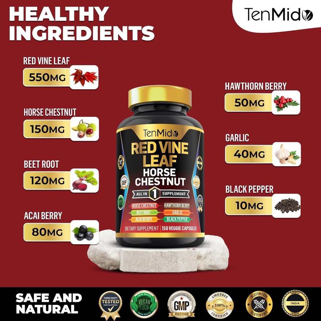 Red Vine Leaf Extract Supplement - 7in1 Formula - Combine with Horse Chestnut, Beet Root, Acai Berry, Hawthorn Berry, Garlic, and Black Pepper - 150 Capsules for 75 Days Supply 4