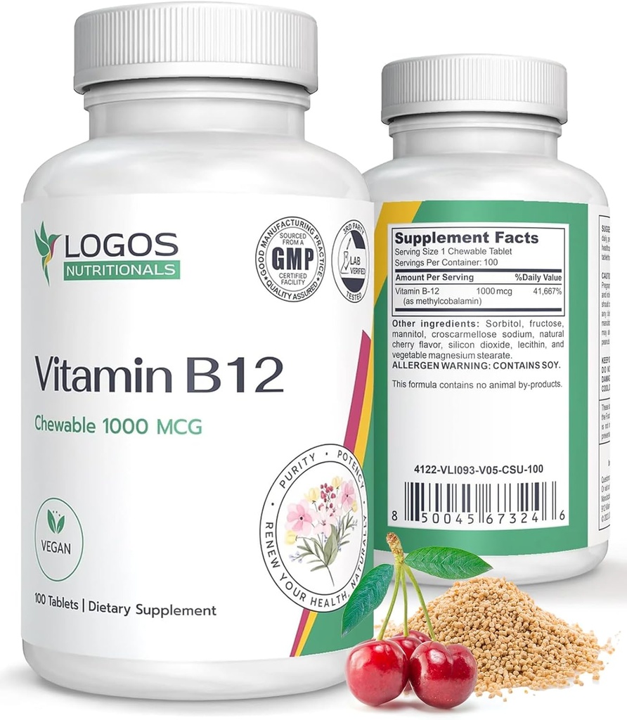 Chewable Vitamin B-12 1000 Mcg | Supports Healthy Brain Function & Memory | Cherry-Flavored B12 Methylcobalamin Supplement for Hair, Skin & Nails - 100 Tablets 2