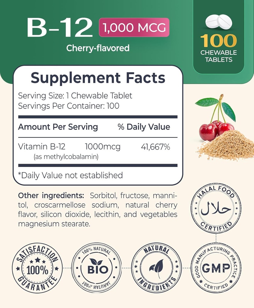 Chewable Vitamin B-12 1000 Mcg | Supports Healthy Brain Function & Memory | Cherry-Flavored B12 Methylcobalamin Supplement for Hair, Skin & Nails - 100 Tablets 3