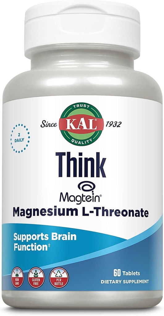 KAL Think Magnesium L-Threonate 2000 mg | Learning, Brain Health & Memory Function Support w/Magtein | Vegan, No Gluten & Non-GMO | 60 Tablets 2