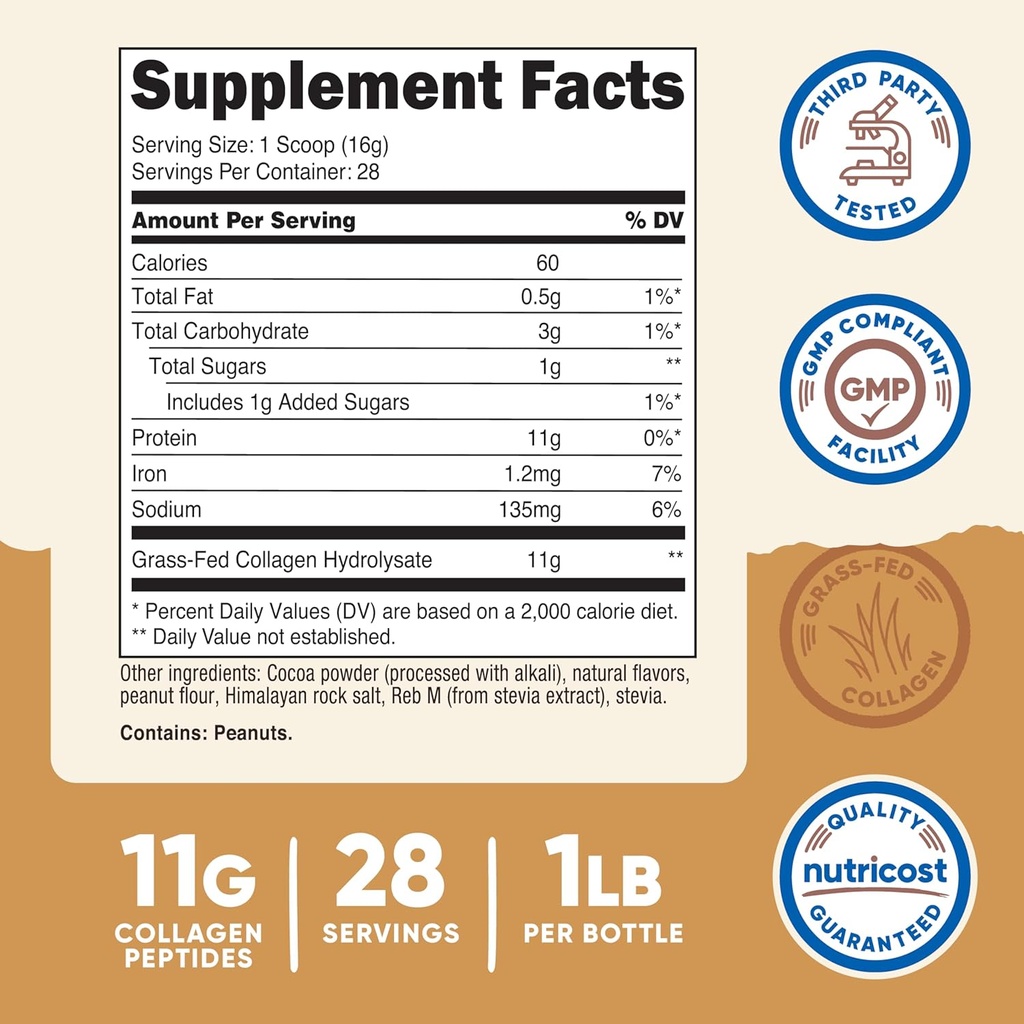 Nutricost Collagen Peptides Powder (Chocolate Peanut Butter Flavored) 1 LB - Grass-Fed Collagen Hydrolysate, Gluten-Free 3