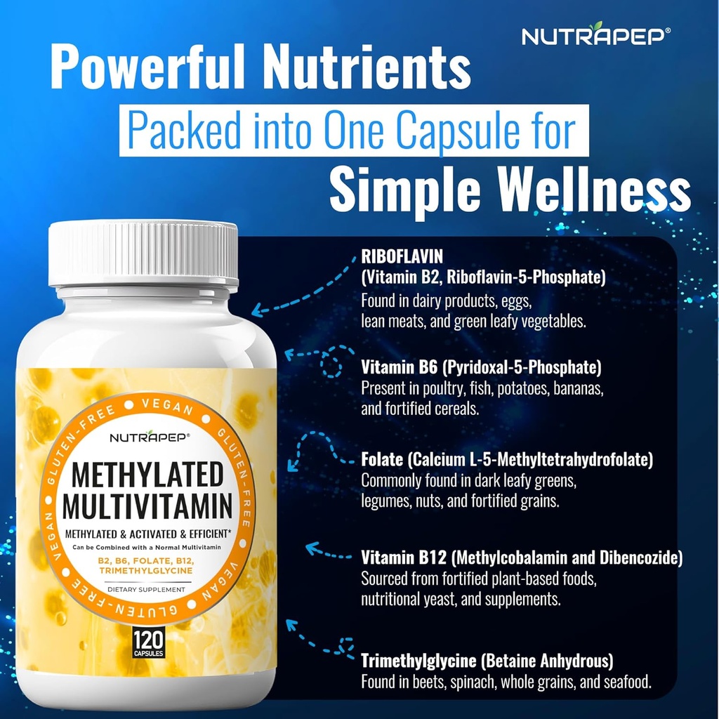 Methylated Multivitamin for Men Women - 5-MTHF Riboflavin Vitamin B2 B6 B12 B Complex Trimethylglycine Methyl Folate L Methylfolate Capsules Supplement 5