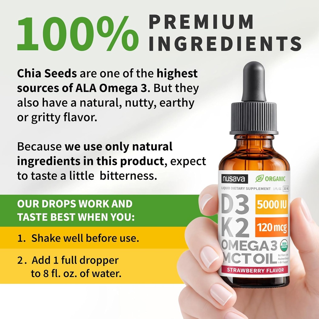 (2 Pack) Organic Vitamin D3 K2 Drops 5000 IU with MCT Oil Omega 3 - Maximum Strength Liquid D3 with No Fillers, Non-GMO for Faster Absorption, Immune Support (Strawberry, 2 Fl Oz) 4