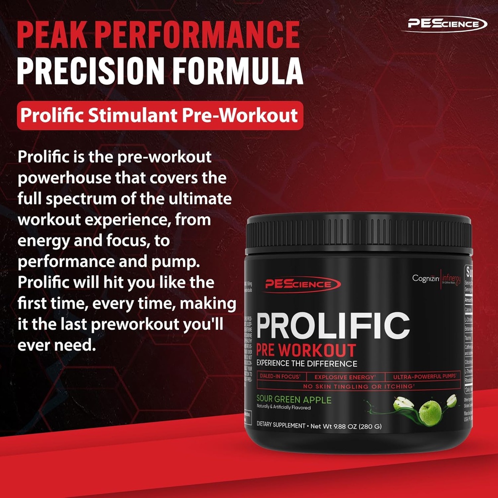 PEScience Prolific Energy Pre Workout – L Citrulline for Nitric Oxide, Rhodiola & CDP Choline Nootropic for Focus – Preworkout for Men & Women – 40 Scoops, Sour Green Apple 4