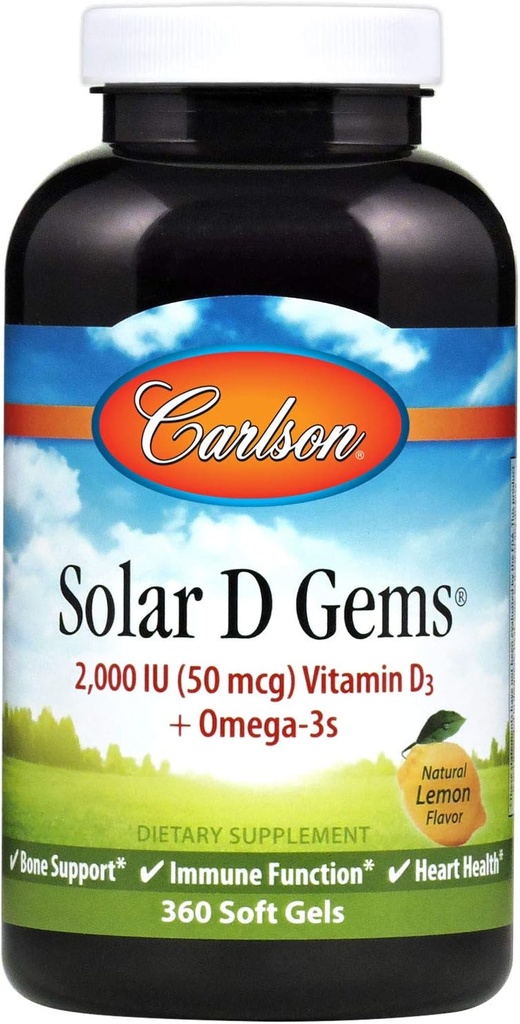 Carlson - Solar D Gems, Vitamin D3 and Omega-3 Supplement, 2000 IU Vitamin D3, 115 mg Omega-3s EPA and DHA, Vitamin D Fish Oil Capsule, Bone & Immune Health, Vitamin D Supplement, Lemon, 360 Softgels 2
