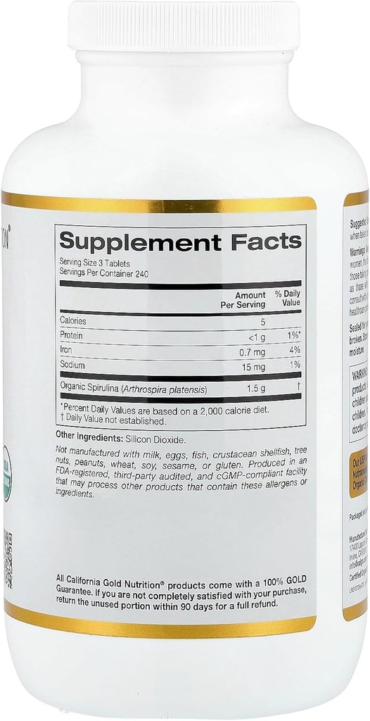 California Gold Nutrition Certified Organic Spirulina, USP Verified, USDA Organic, Non-GMO, 500 mg, 720 Vegetarian Tablets 3