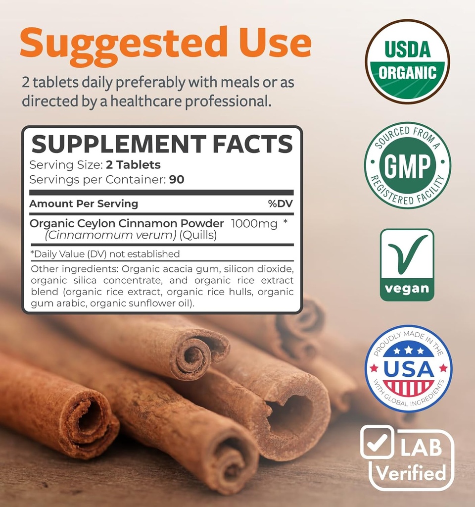 USDA Organic Ceylon Cinnamon Pills - High Potency Ceylon Cinnamon Supplement with 1000mg per Serving for Full Body Antioxidant Support - Vegan Non-GMO cGMP Made & Lab Verified (3 Months Supply) 5