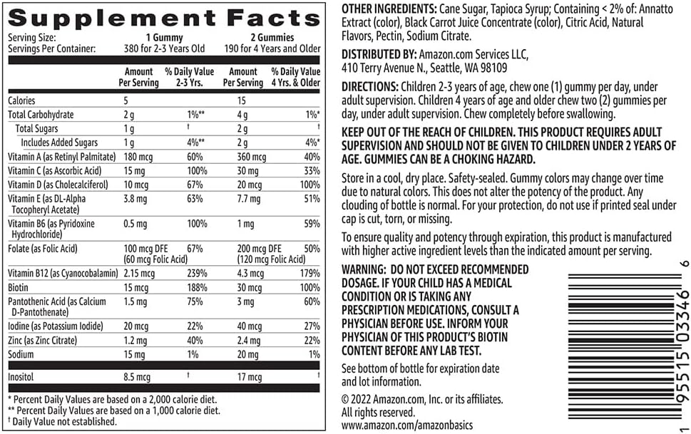 Basics Kids' Multivitamin Gummies, Cherry, Strawberry & Orange, 380 Count (2 Packs of 190) (2 per Serving) (Previously Solimo) 5
