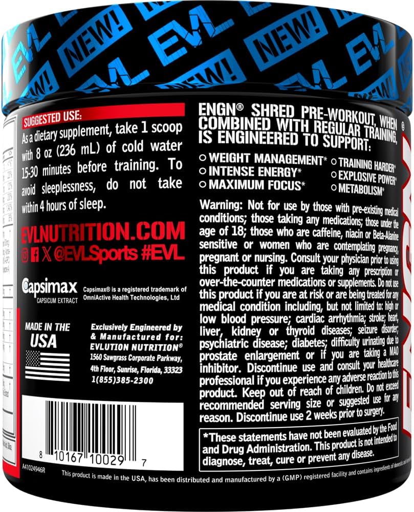 EVL Ultimate Pre Workout Powder - Thermogenic Fat Burn Support Preworkout Powder Drink for Lasting Energy Focus and Stamina - ENGN Shred Intense Creatine Free Preworkout Drink Mix - Fruit Punch 5