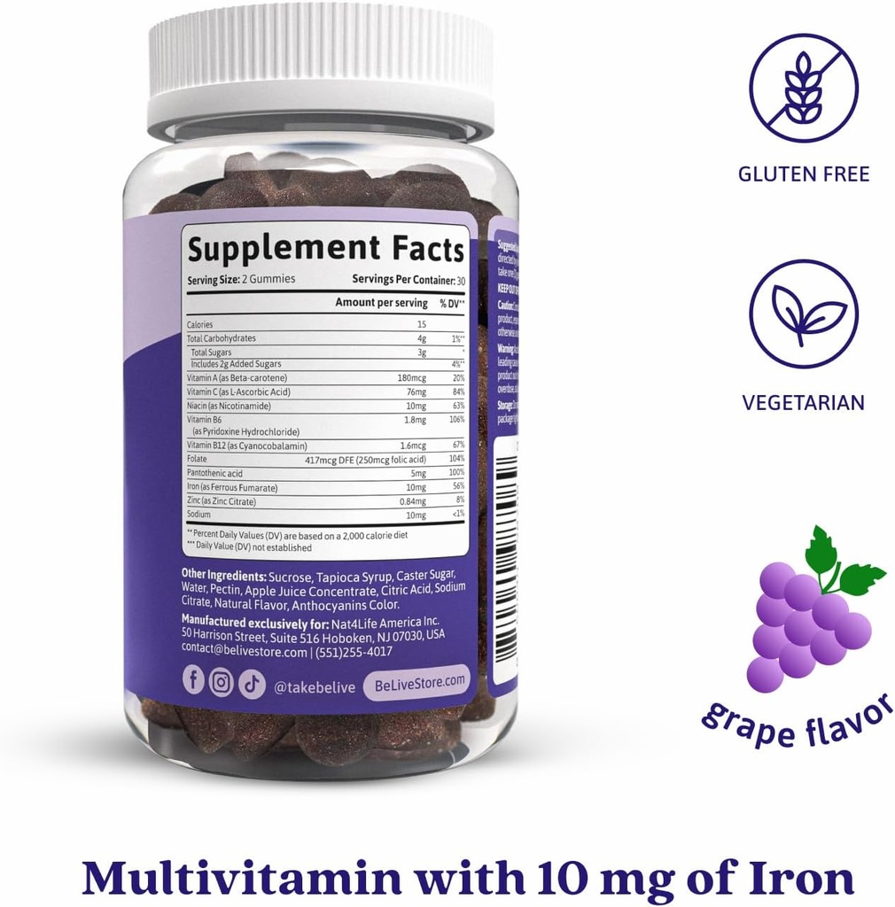 BeLive Iron Gummies - Multivitamin Iron Supplement with Vitamin C, A, B & Zinc, Supports Blood Oxygen, Vegan Supplements for Women, Men & Kids for Growth and Development - Grape Flavor | 5-Pack 3