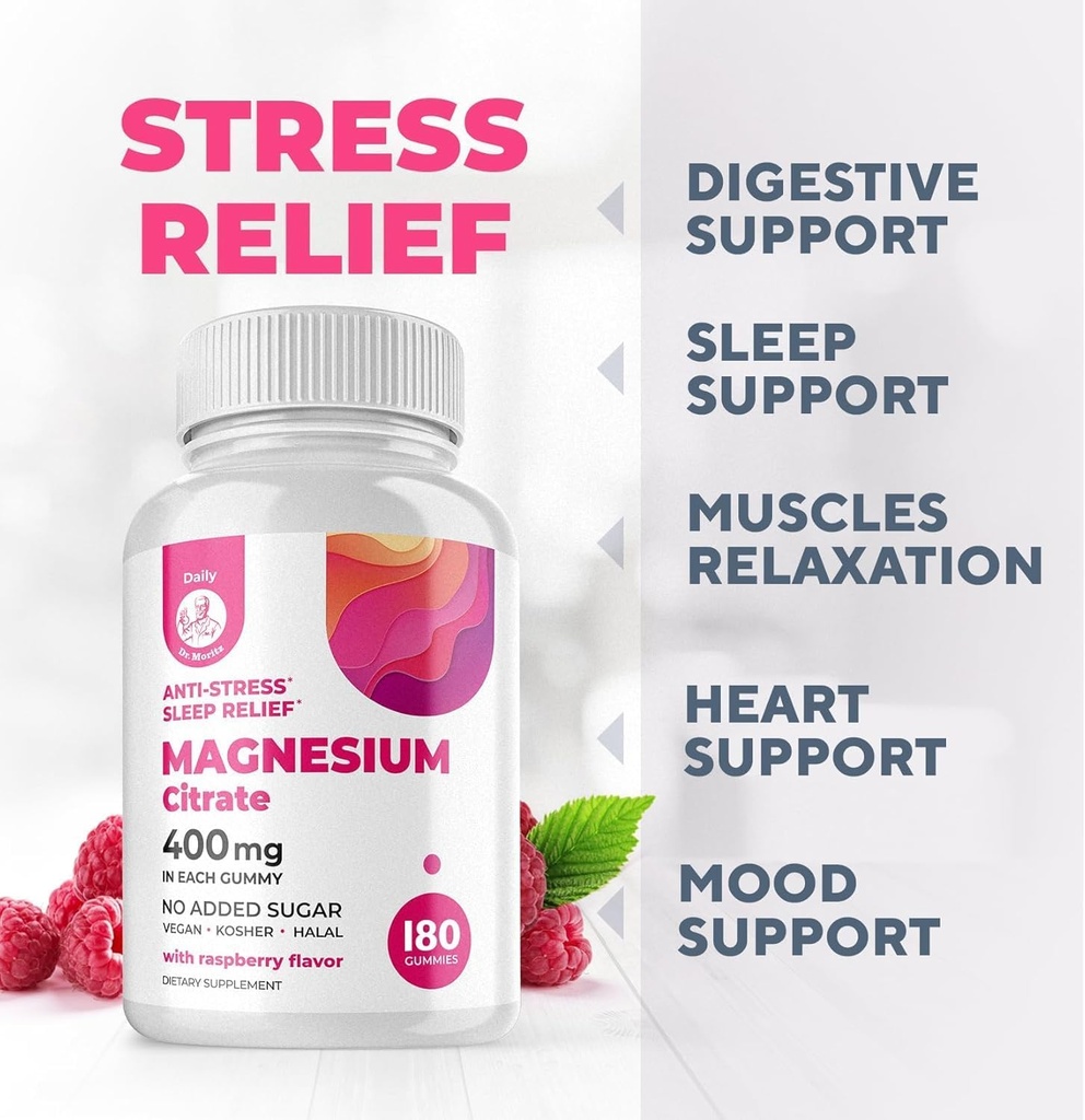 Dr. Moritz Magnesium Gummies for Adults - Low-Sugar 400 mg - Supports restful Sleep- Easy to Chew Adult and Kids Magnesium Citrate Gummies (180 Count) - Raspberry Flavored 5