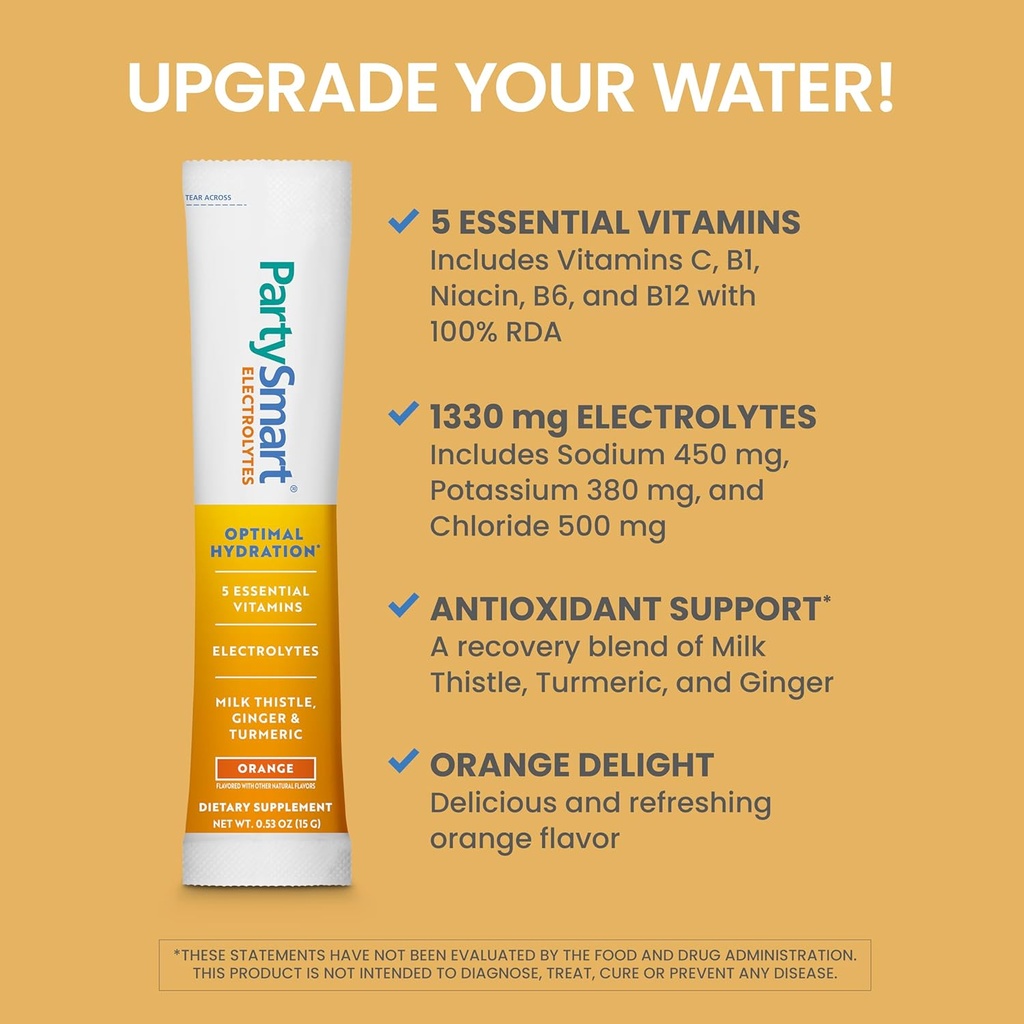 Himalaya PartySmart Orange Electrolytes Powder Packets, 12 Count, Supports Hydration, Rehydrate with Sodium & Potassium, Vitamin C & More, Antioxidant Recovery Blend Milk Thistle, Ginger & Turmeric 4